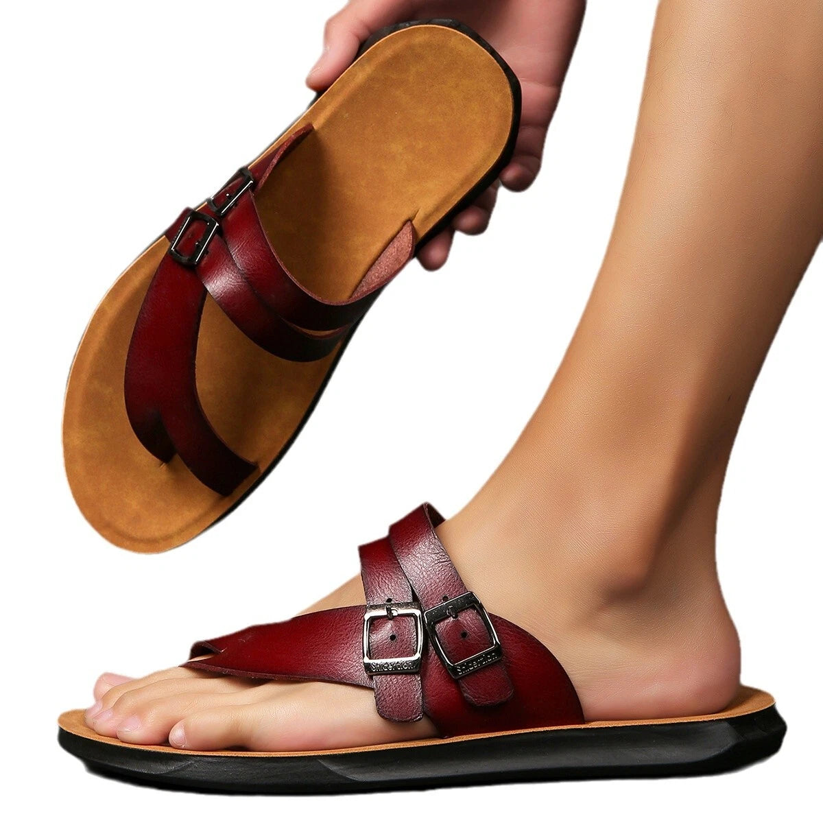 2025 Men's Clip Toe Flat Beach Summer Holiday Sandals Casual Faux Leather Shoes