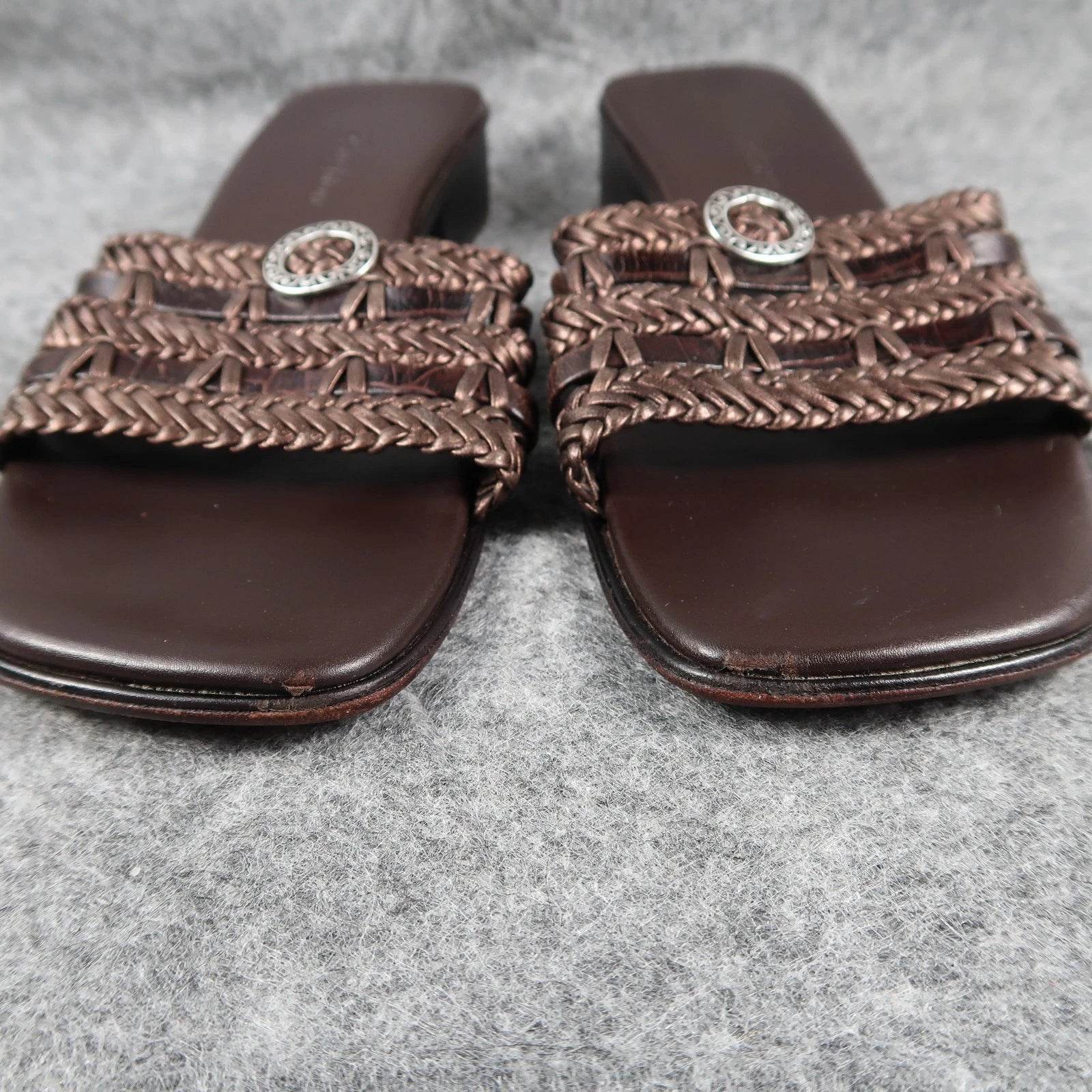 Brighton Shoes Womens 6.5 Sandals Leather Woven Slide Fashion Block Heel Brown