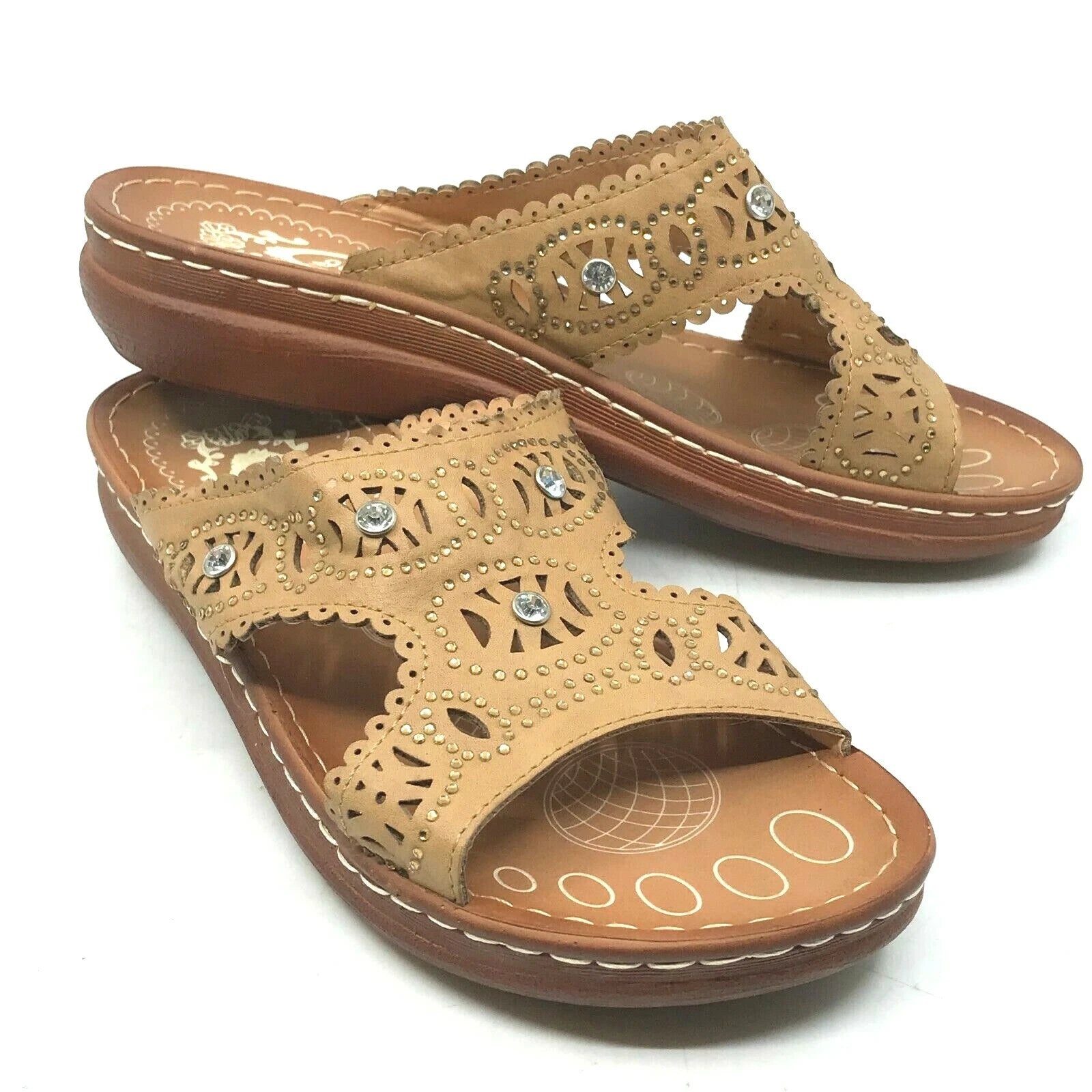 Italina Women's Slide Sandals Brown Rhinestone Straps Size 6.5 Slip-On  [A20]