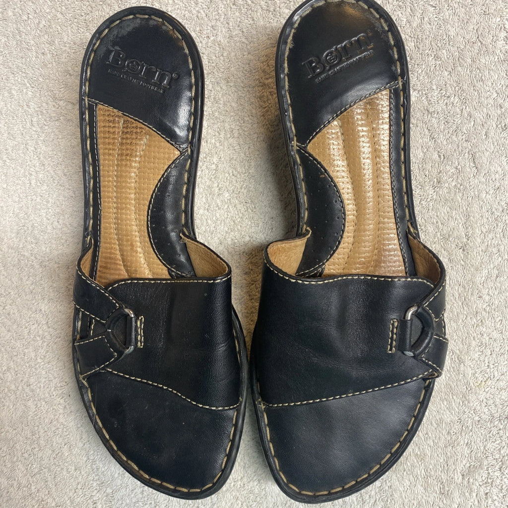 Born Black Leather Sandals Slip On Womens Sz 10 Style 3741 Excellent Condition!!