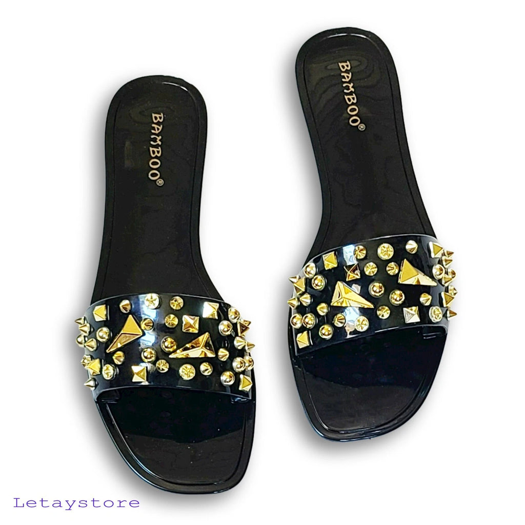 NWT Bamboo Stud Embellished Jelly Flat Slides Sandals   6,7,8