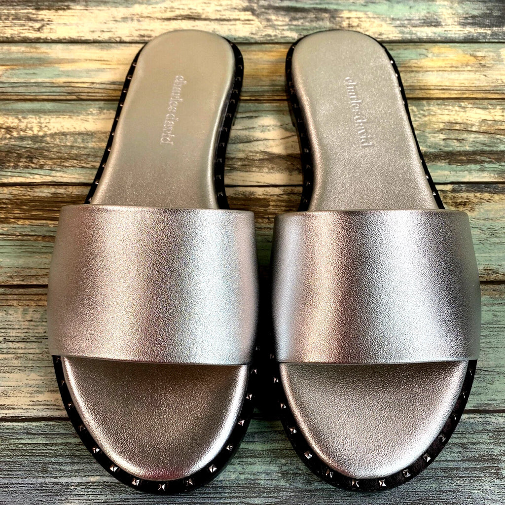 Charles David Slide Sandal Womens Sz 7.5M Silver Leather Low Heel Slip On Casual