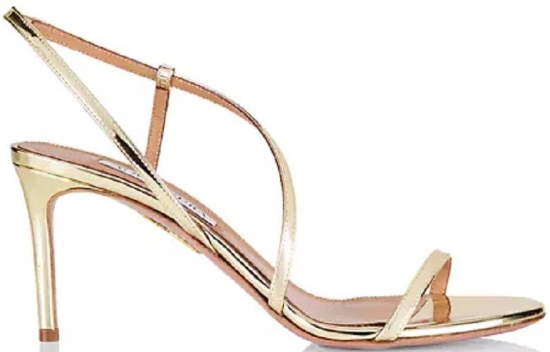 New AQUAZZURA $750 Shiny Gold Metallic Strappy Stiletto Sling Sandal Italy EU 37