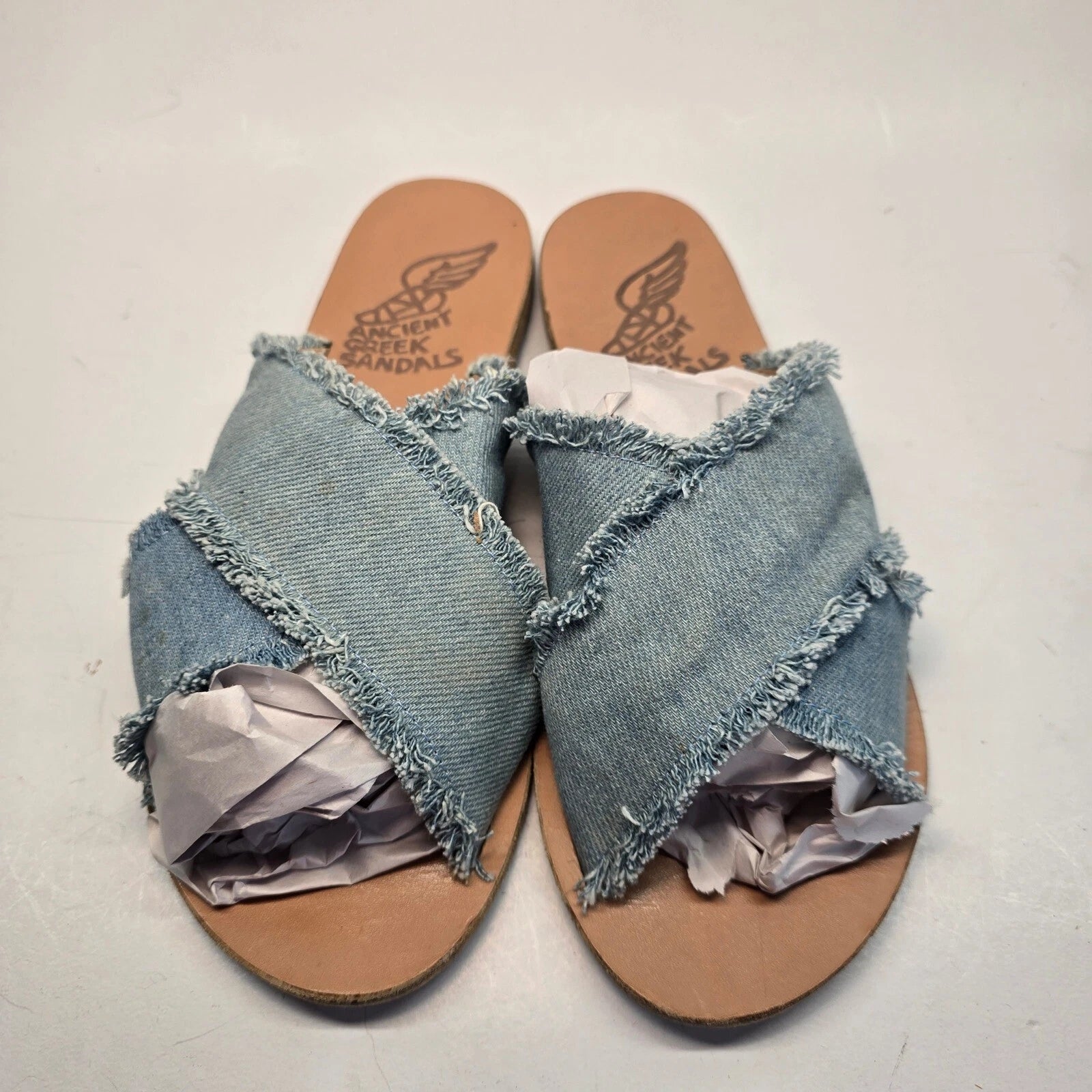 Ancient Greek Sandals Women's Size 8  Denim Frayed Slide Slip Ons Handmade Flats