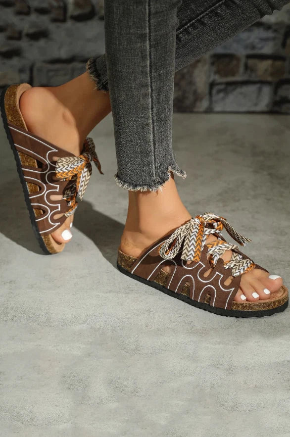 Women’s Casual Leather Look Chunky Ribbon Shoelace Top Post Sandals. EU 36-41