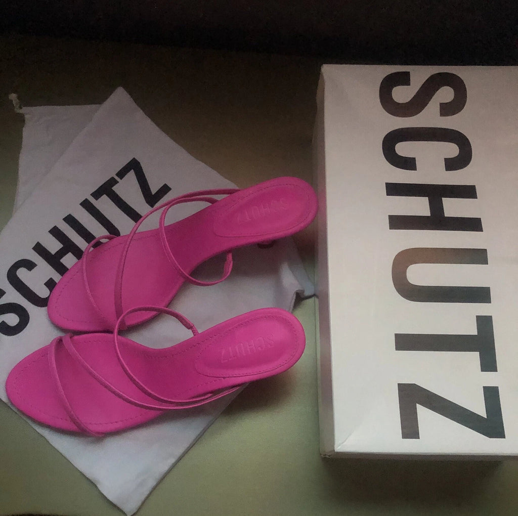 NIB SCHUTZ Evenise Napa Leather Kitten Heel Strappy Sandals In Neon Pink 7.5 (7?