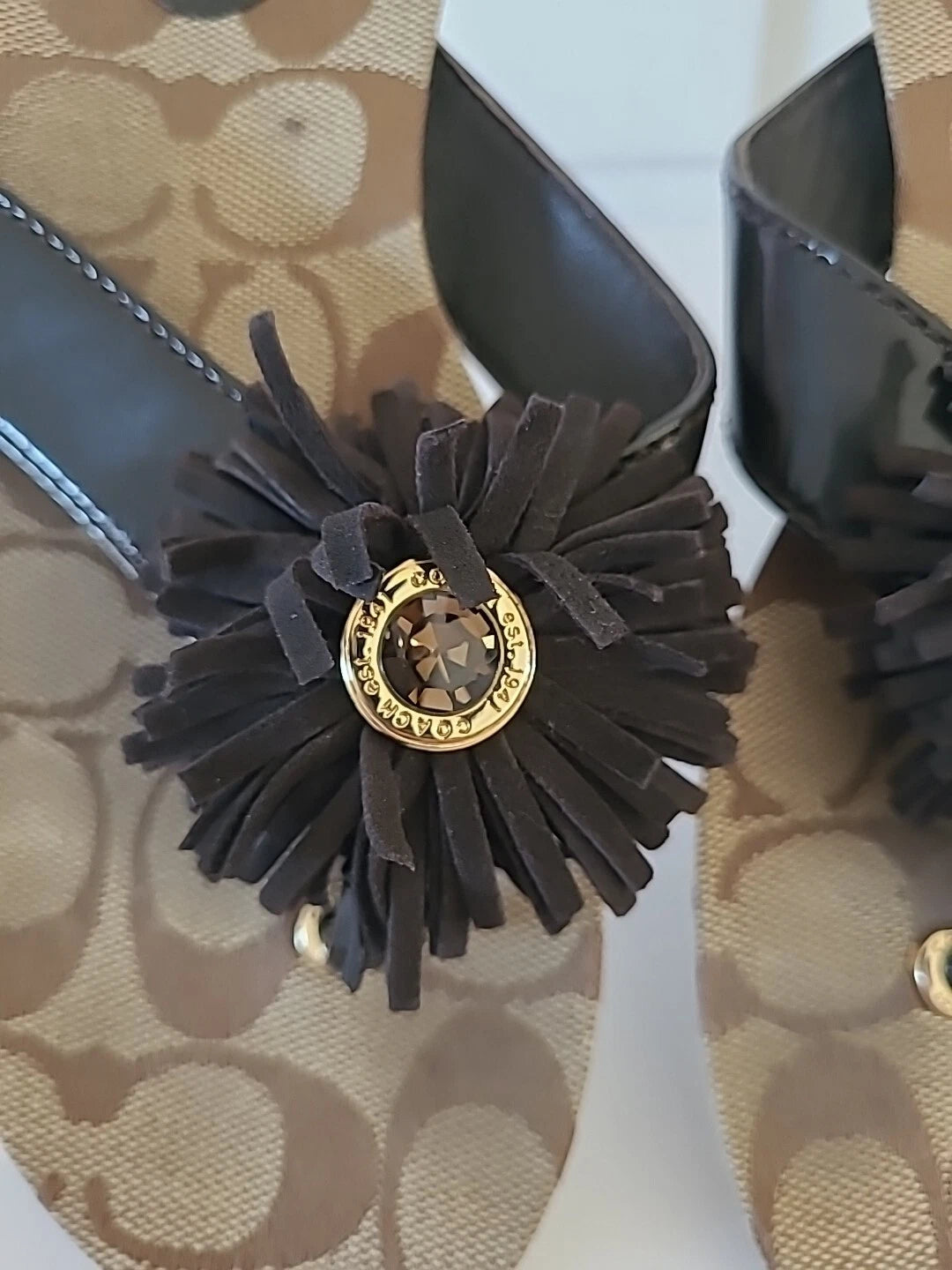 Coach Suki Fringe SZ 6B Sandals Flower Signature Thong Flip Flop Brown Y2K Style