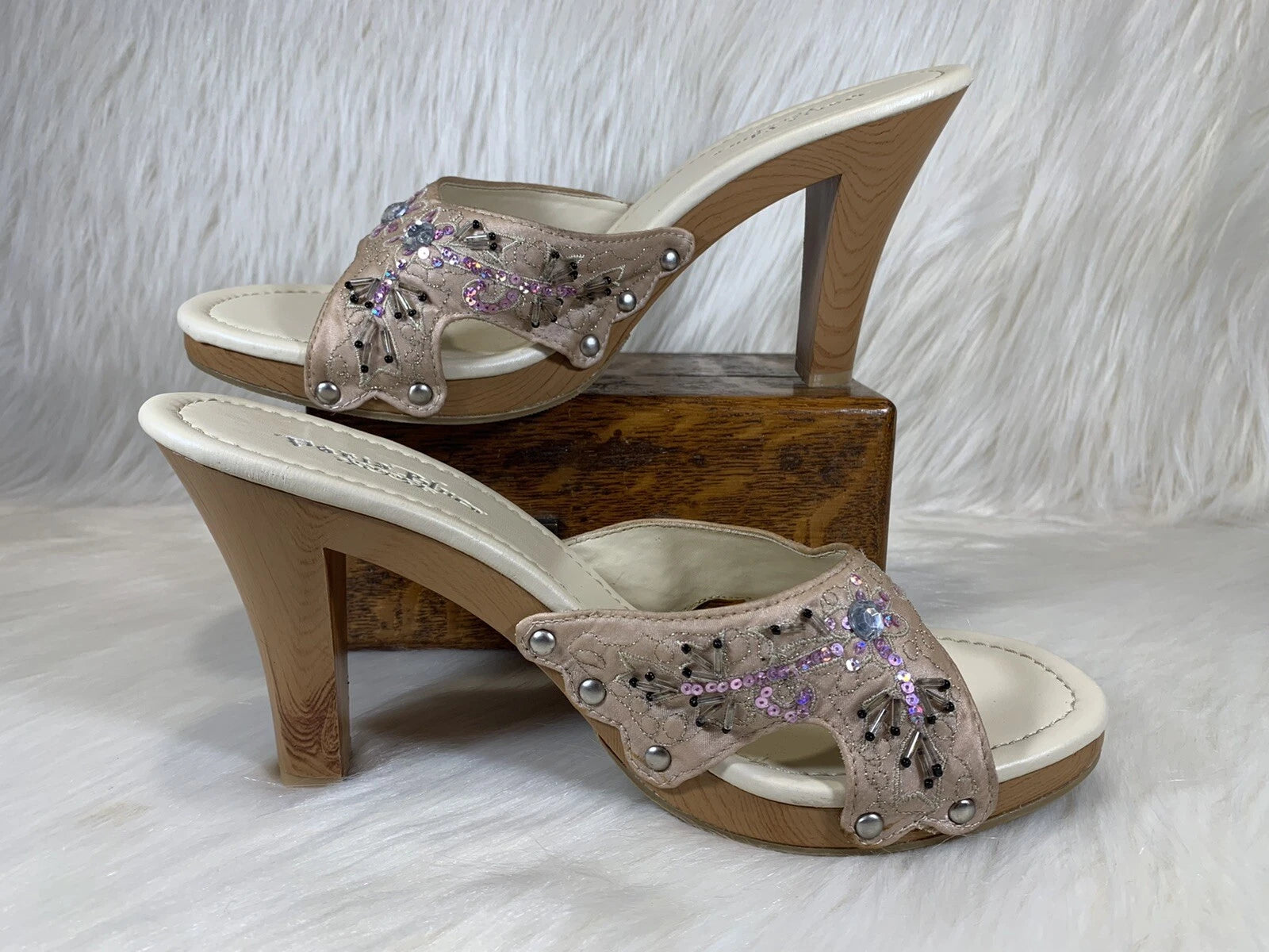 Paris Blues Slides Sandals Champagne Beaded Wm’s Size 10 Adalia-21 #754300