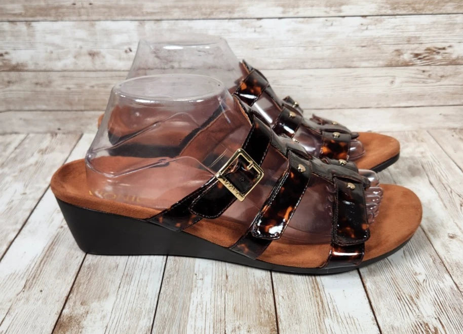 VIONIC Radia Brown Tortoise Shell Women's 10 WIDE Strap Wedge Slide Sandals NWOT