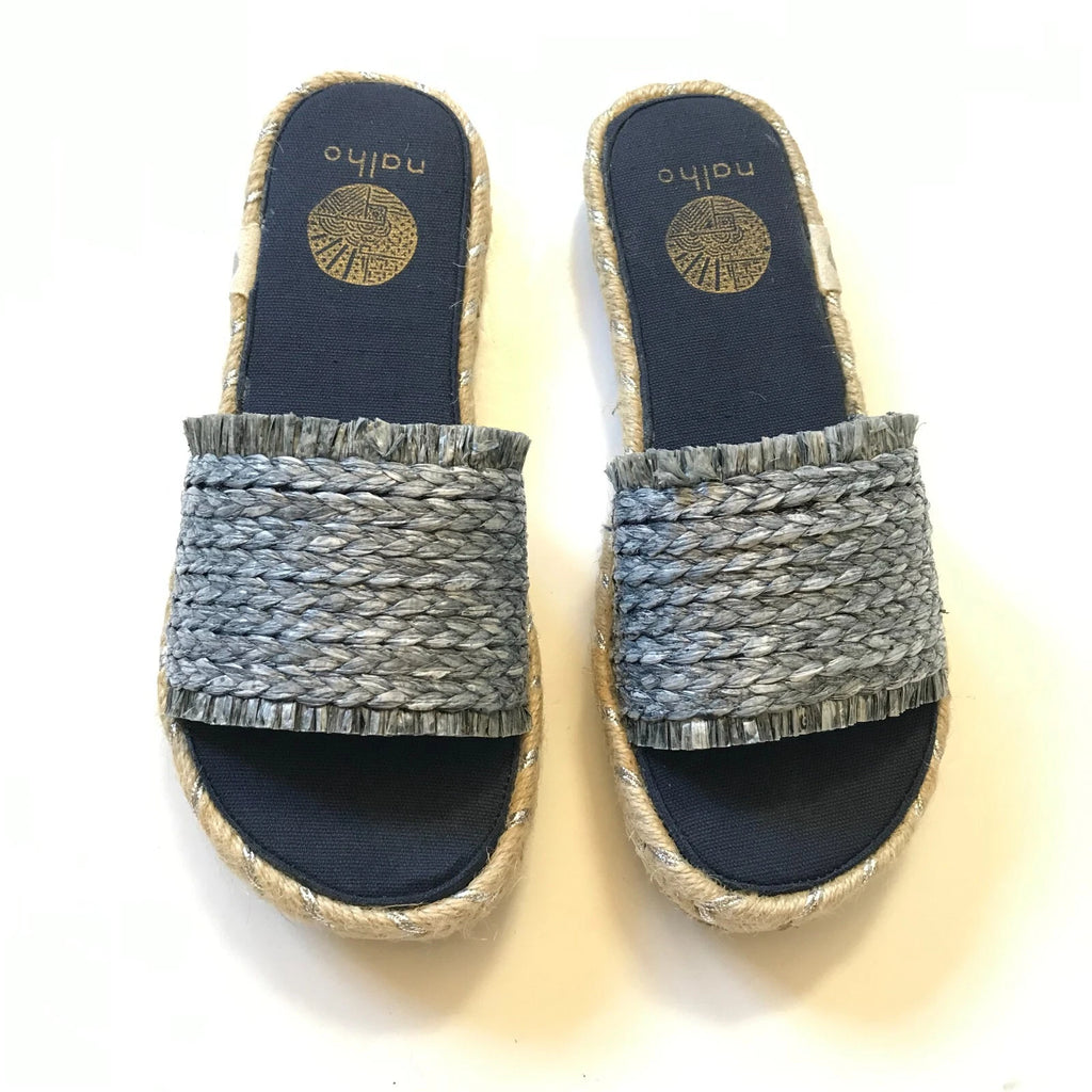 NEW Nalho Meeka Sandals Slides Womens 6 Navy Blue Yoga Mat Espadrilles Raffia