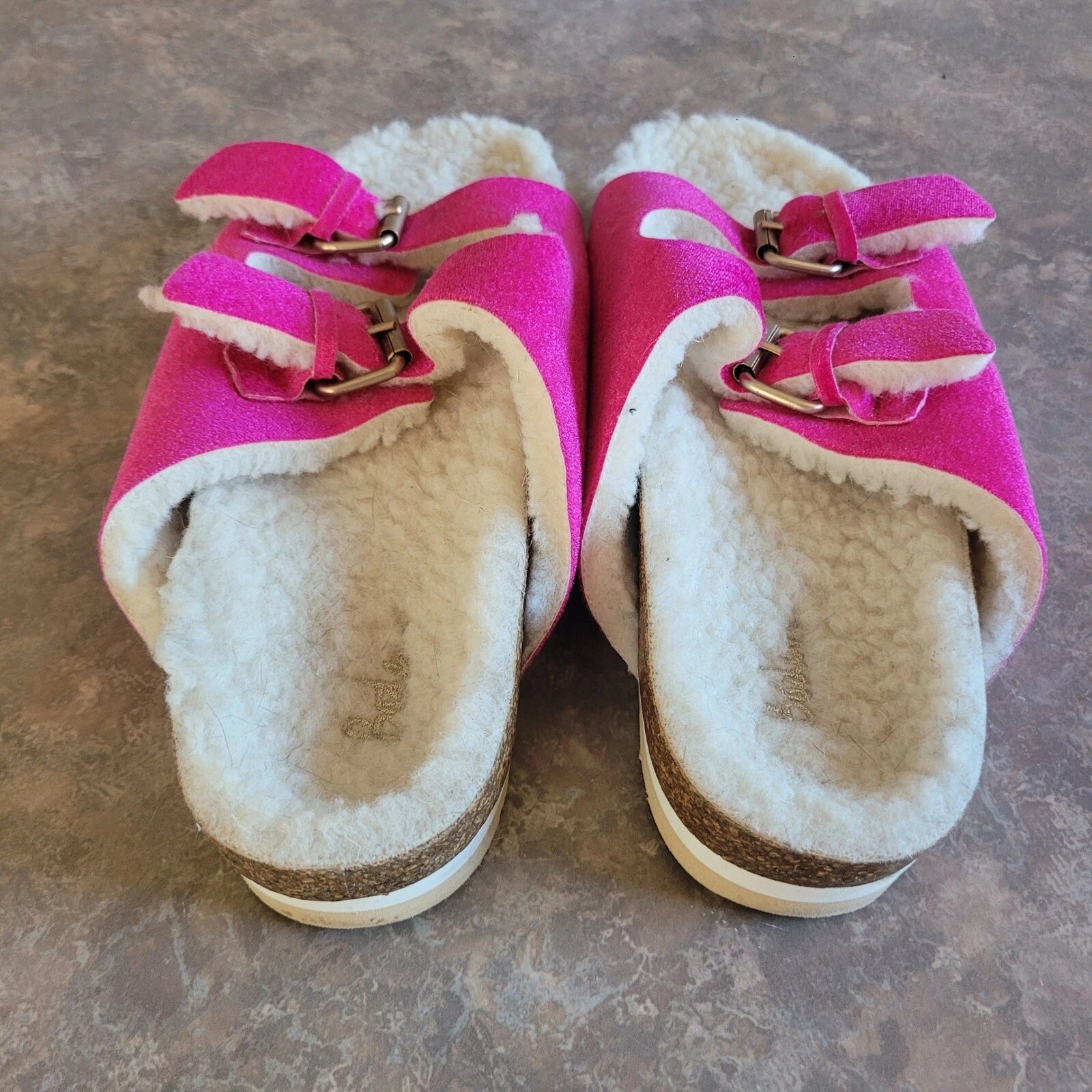 Boden Fuzzy Velvet Cosy Slides Sandals Hot Pink Adjustable Buckle 40 8.5 Sherpa