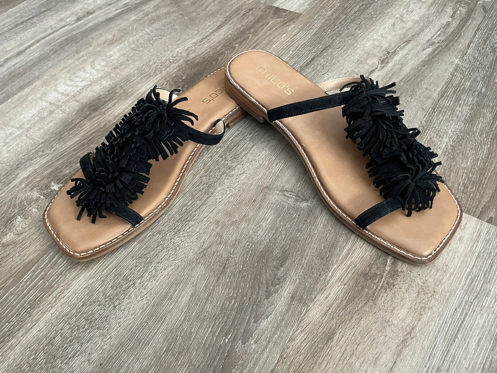CHICO’S Delray Black Leather Suede Fringe Slide Sandals Shoes - Women’s Size 8