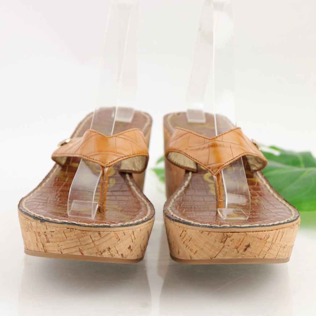 Sam Edelman Women's Romy Sandal Size 9.5 Wedge Platform Tan Croc Thong Slide