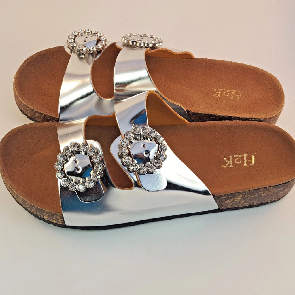 H2K KAREN STONE Buckle Ornament SILVER Fashion Slide Flip Flops Sandals Bling