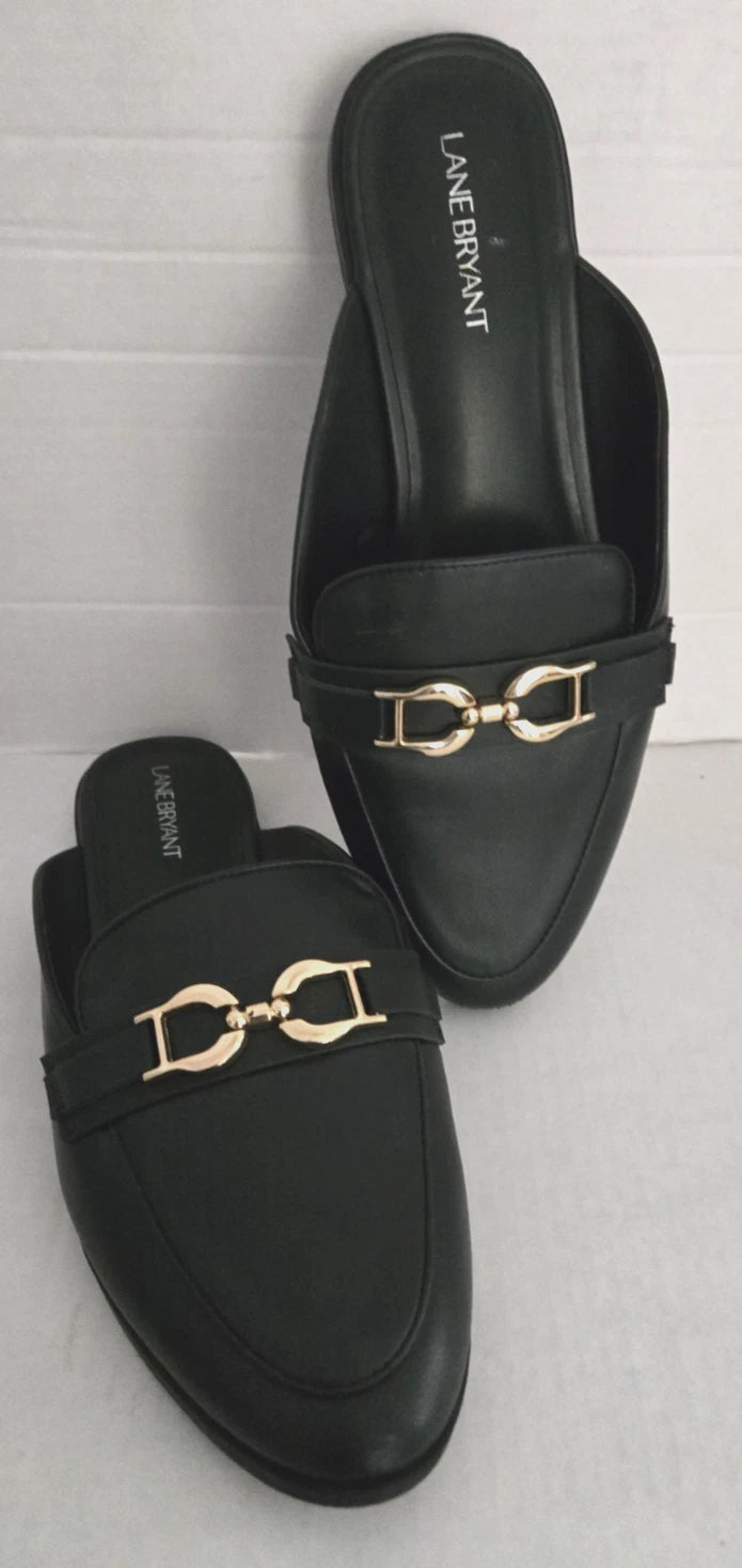 Lane Bryant Black Slip On Shoes Mules Slide Women Size 11 W Loafer Buckle Detail