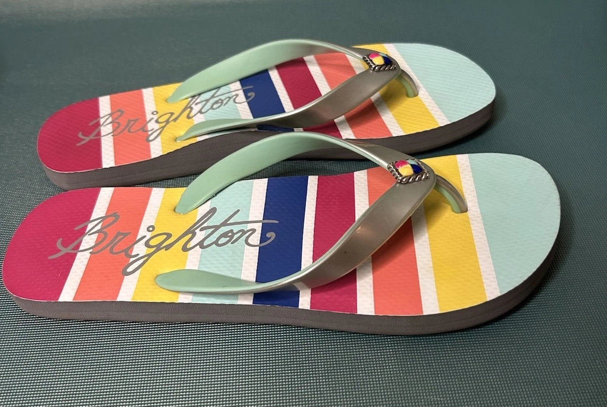 Brighton Colorful Striped Sole Stone  Detail Thong Style Flip Flop Sandals 8