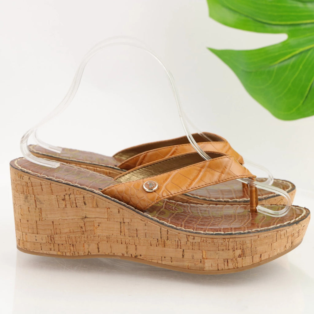 Sam Edelman Women's Romy Sandal Size 9.5 Wedge Platform Tan Croc Thong Slide