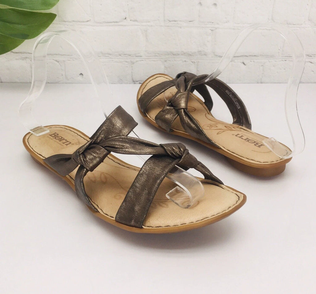 Born Slide Sandals Women's 8/39 Bronze Leather Strap Flat Comfort Flip Flop