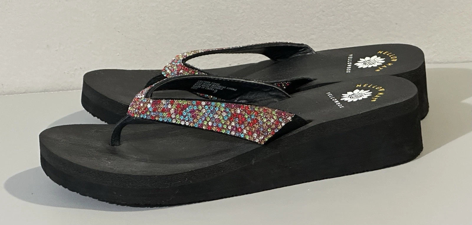 Yellow Box Women Mersaydee Black Flip Flops Thong Rhinestone Wedge Sandals Sz 9