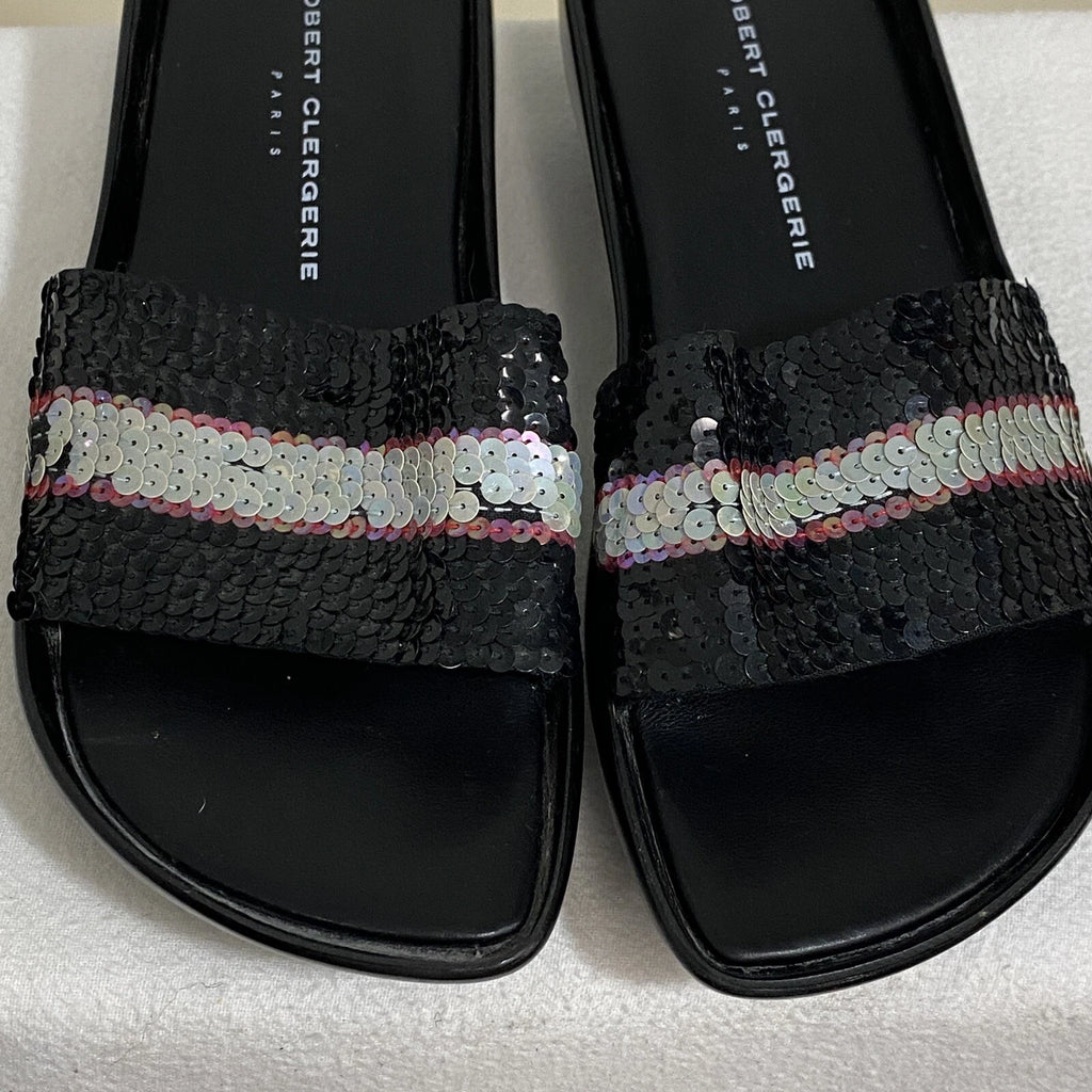 Robert Clergerie Paris Sandals Women's 7 Black Leather Multi Sequin Platform