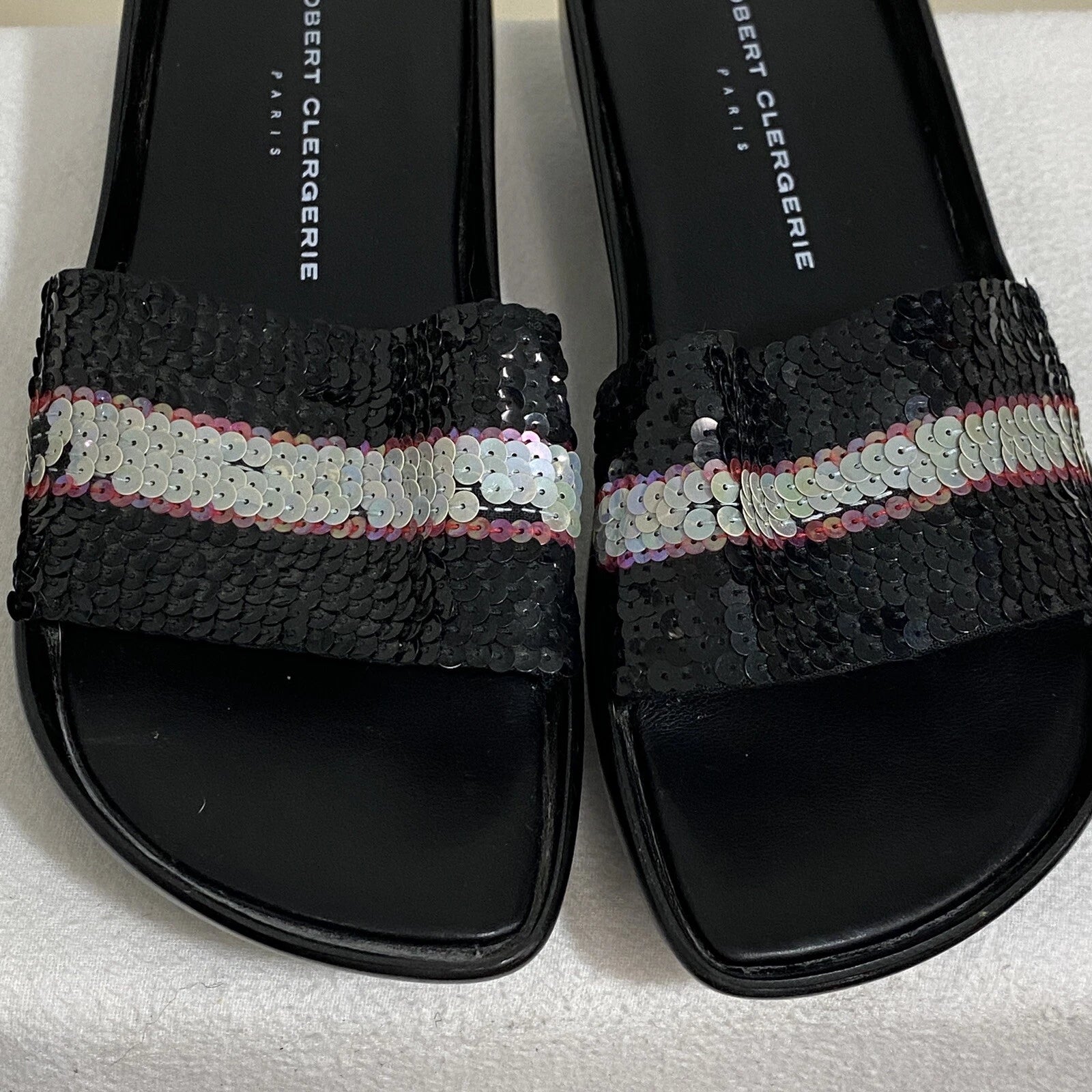 Robert Clergerie Paris Sandals Women's 7 Black Leather Multi Sequin Platform