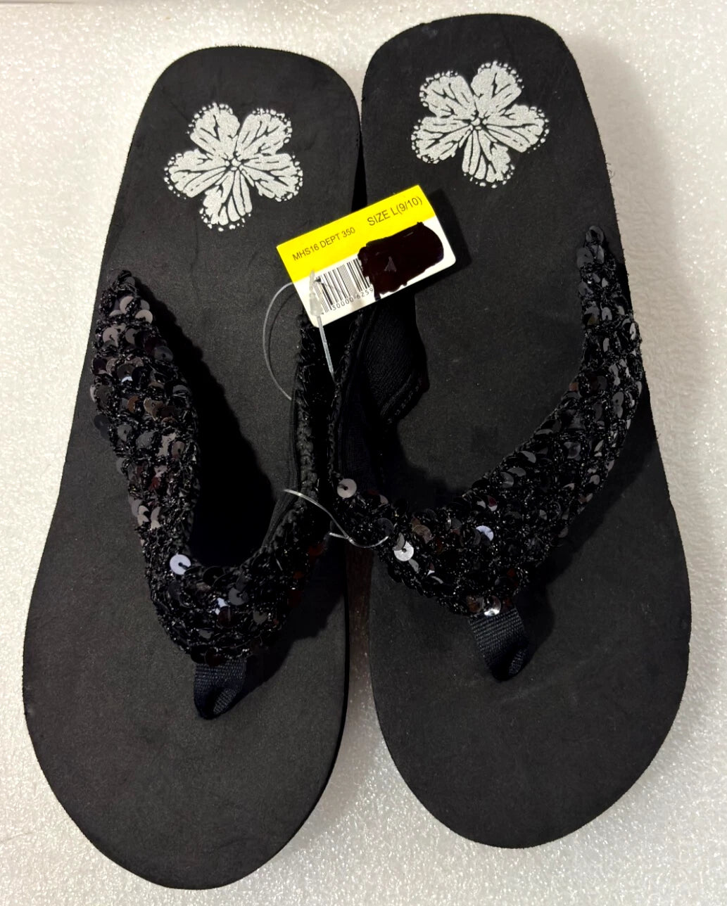 Wedge Sandals Women Flip Flops Rhinestone Sparkle Black Beaded Floral Size 9/10