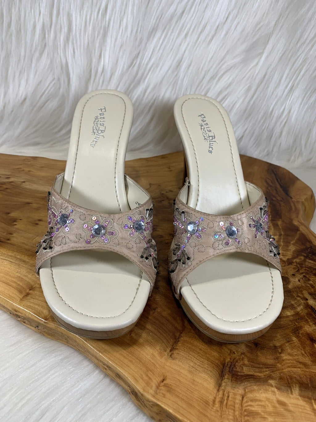 Paris Blues Slides Sandals Champagne Beaded Wm’s Size 10 Adalia-21 #754300
