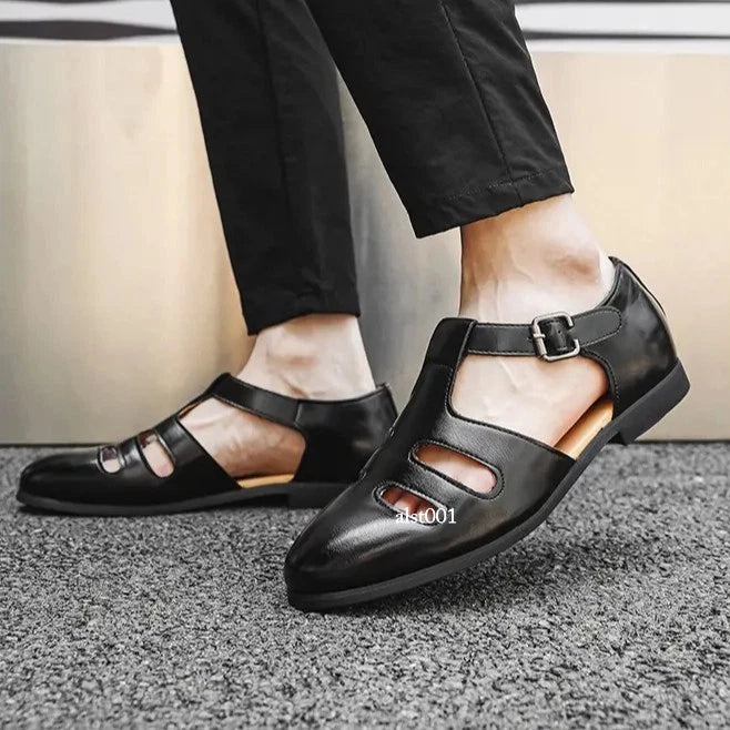 Roman Style Mens Closed Toe Sandals Hollow Out Buckle Flat Business Formal Dress