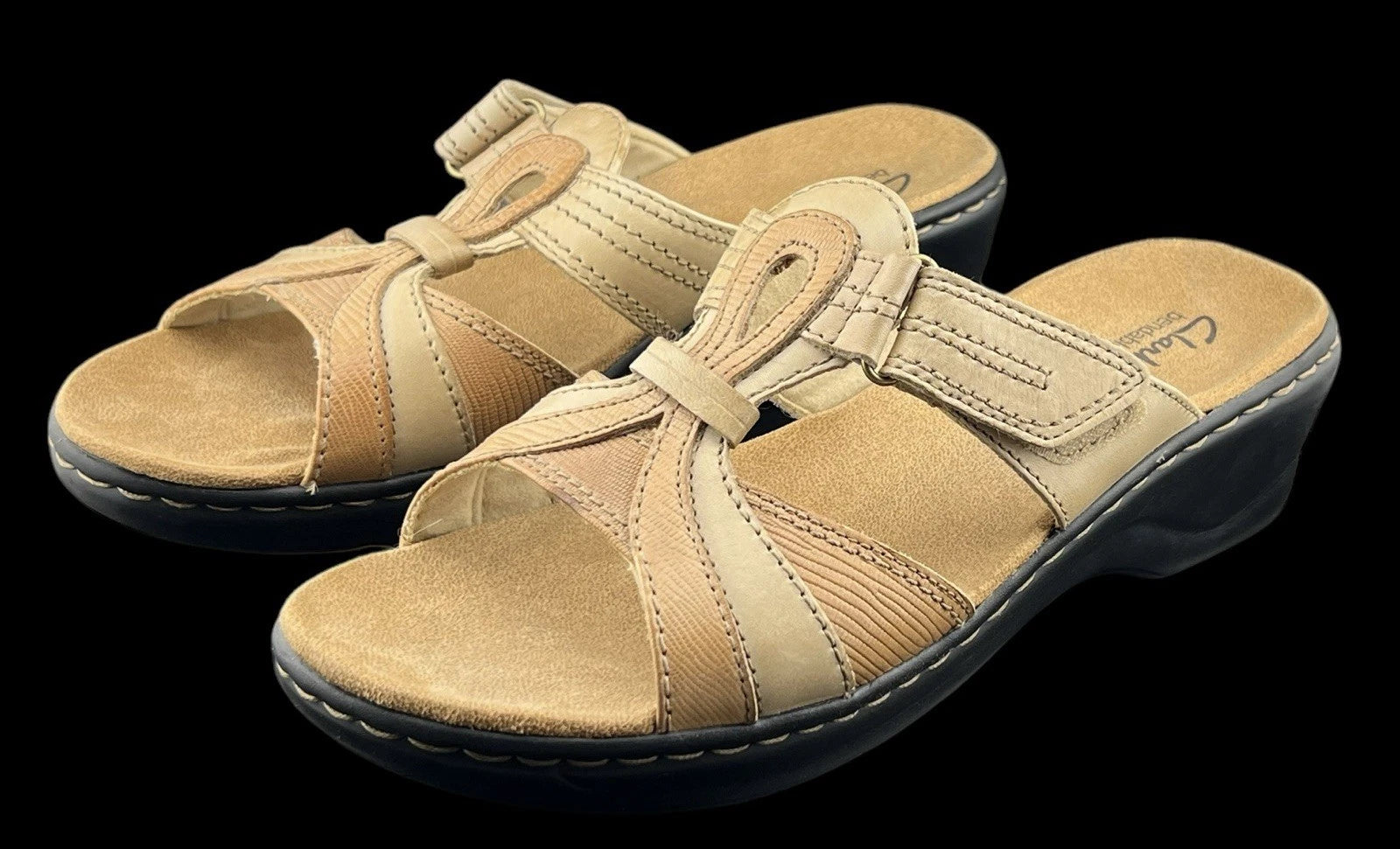 Clarks Bendables Sandals Women's Sz 10m Tan & Cream Leather Open Toe Hook/Loop