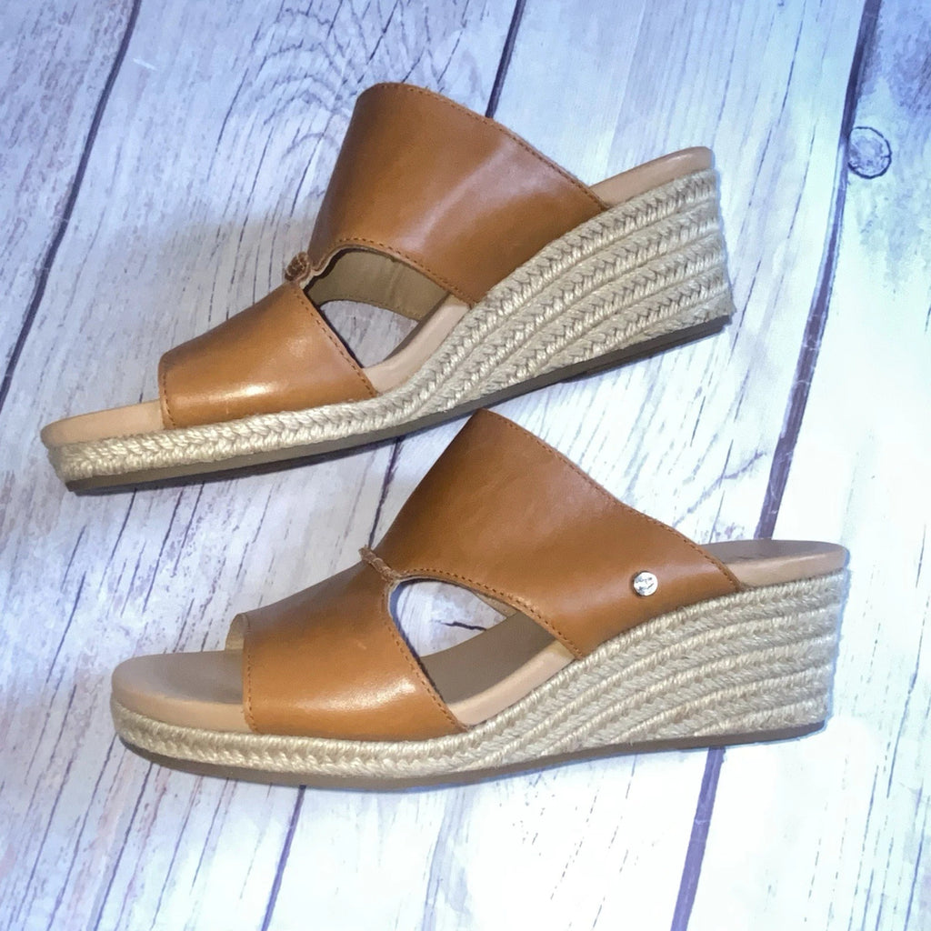 UGG Eirene Wedge Espadrille Slide Sandals Tan Brown Leather Womens 10