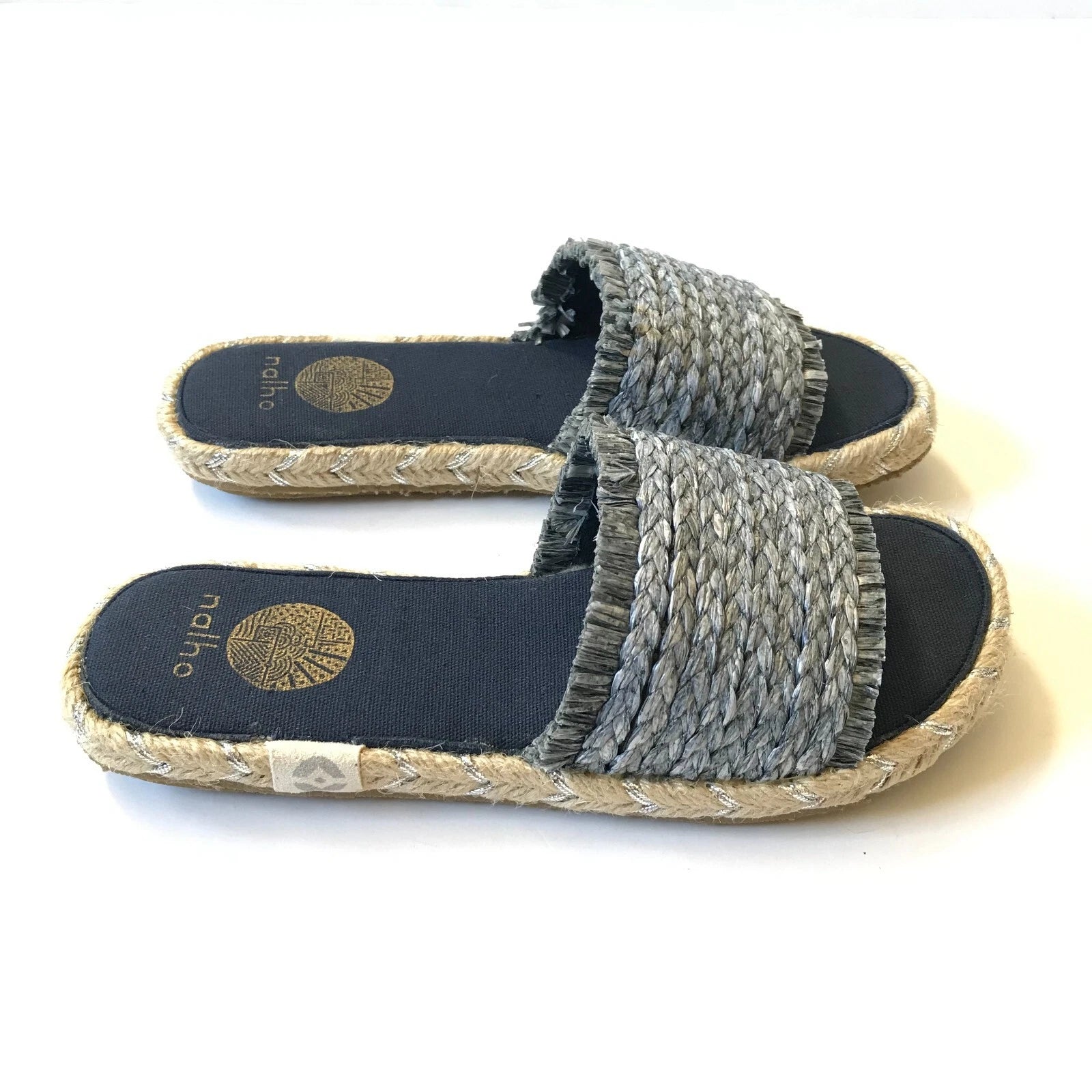 NEW Nalho Meeka Sandals Slides Womens 6 Navy Blue Yoga Mat Espadrilles Raffia