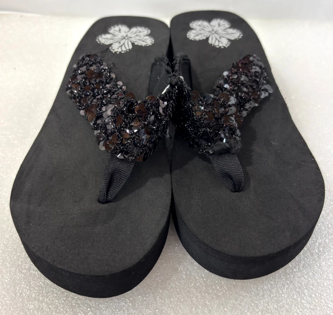 Wedge Sandals Women Flip Flops Rhinestone Sparkle Black Beaded Floral Size 9/10