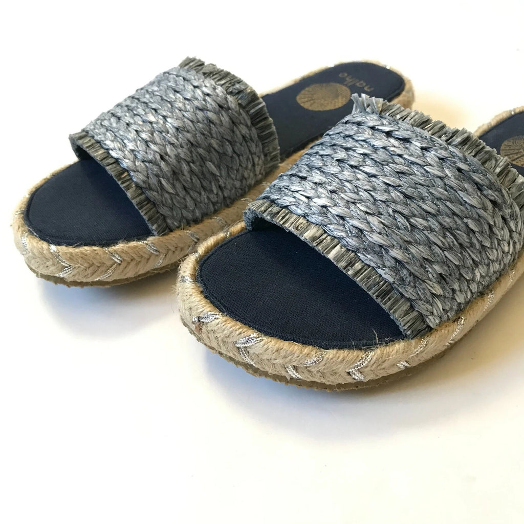 NEW Nalho Meeka Sandals Slides Womens 6 Navy Blue Yoga Mat Espadrilles Raffia
