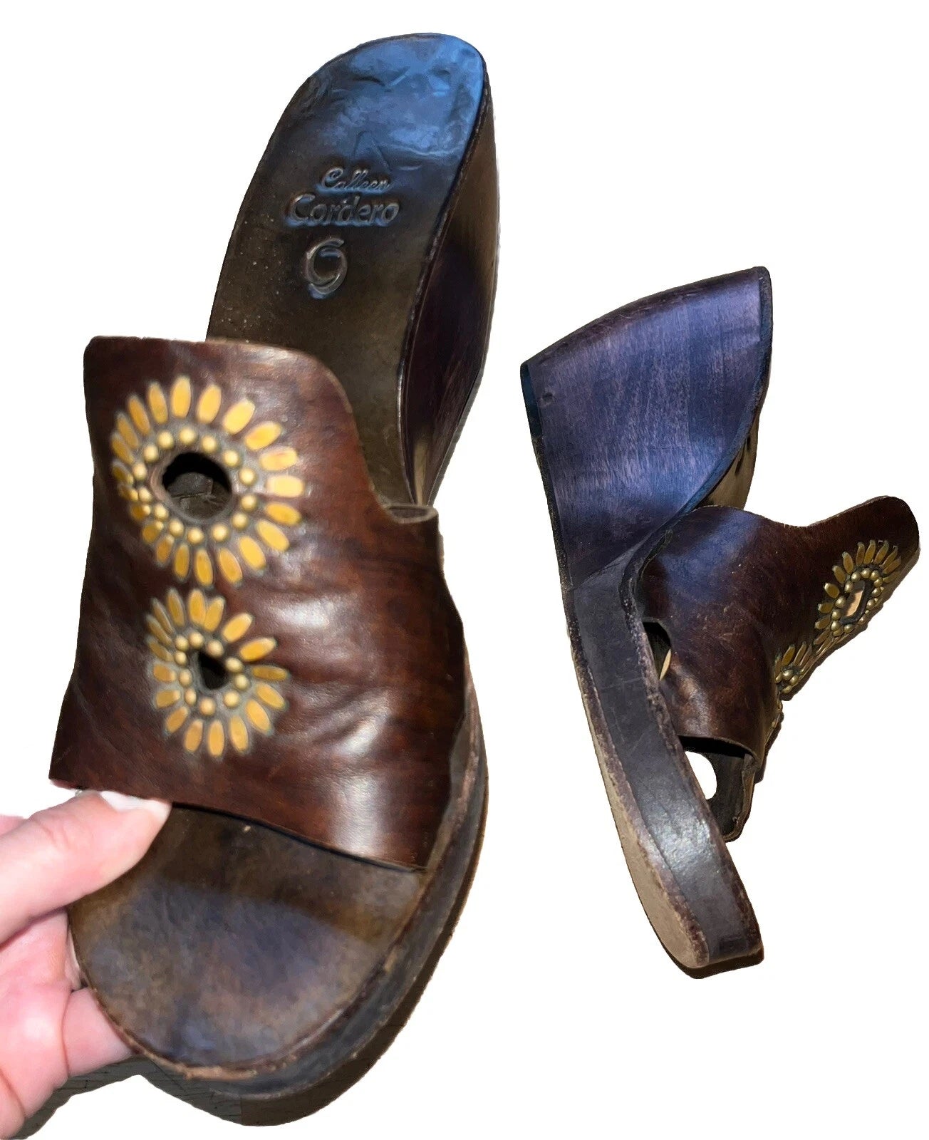Calleen Cordero studded leather handcarved 3.5” wood wedge platform Sandals Sz 9