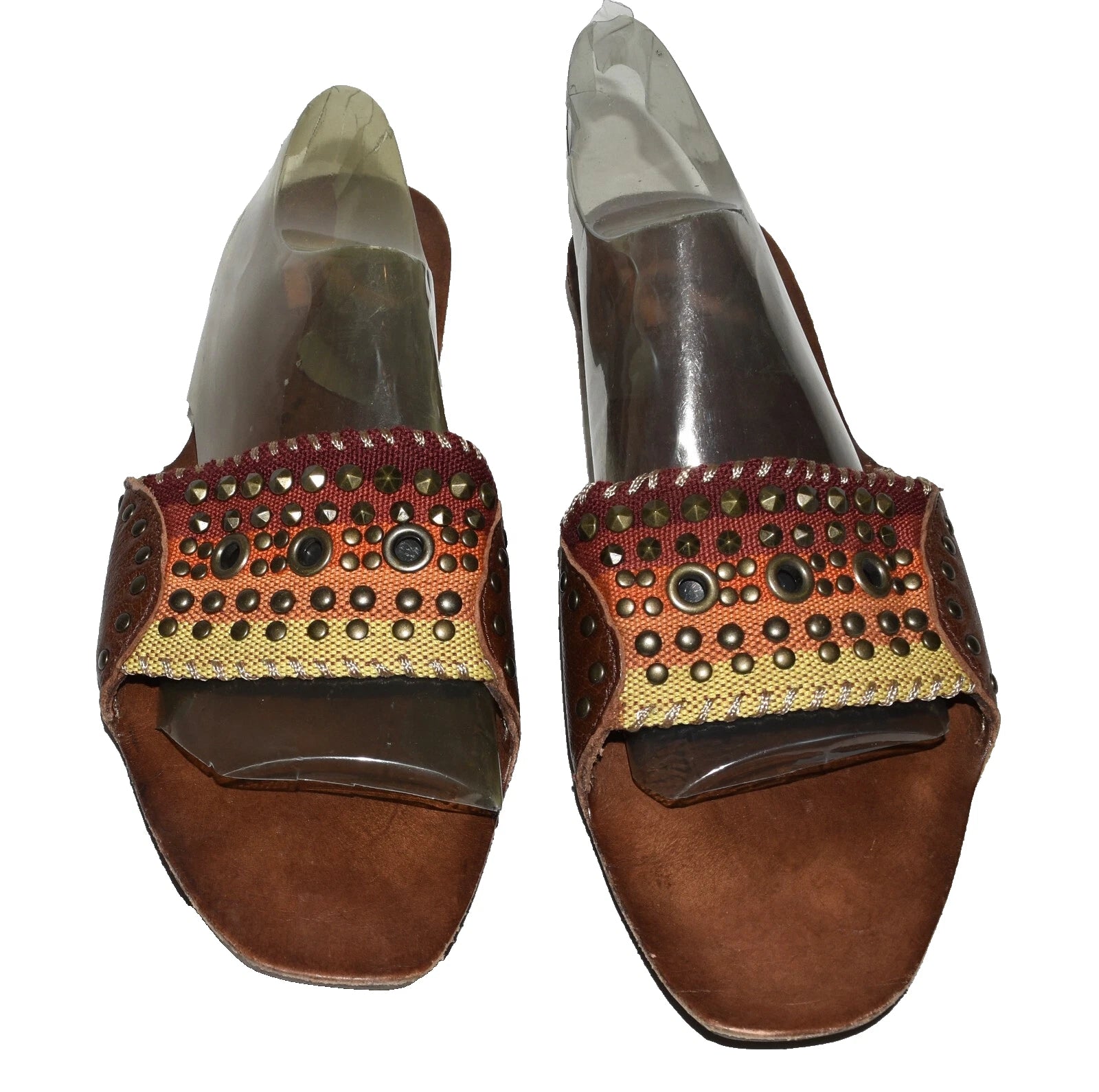Report Zerav Brown Leather Cone and Flat Studded Womens Slide Sandals Size 9M