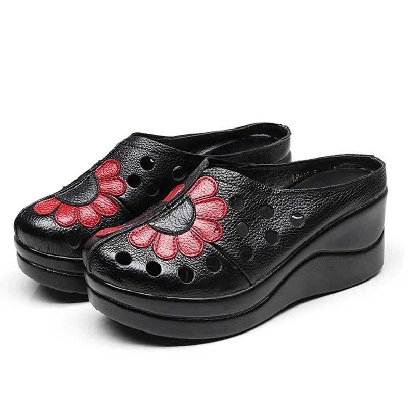 Ethnic Style Leather Women Shoes Sandals Platform wedges Slides Summer Slipper