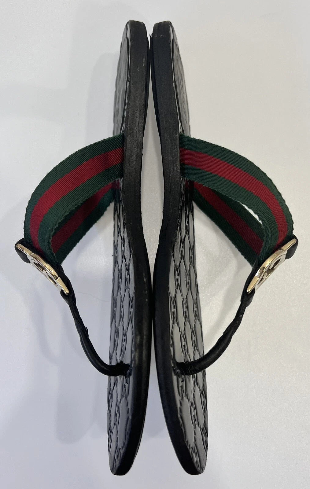 Gucci GG Web Stripe Thong Sandals EU 36 US 6 Black Flat Flip Flop Slide Slipper