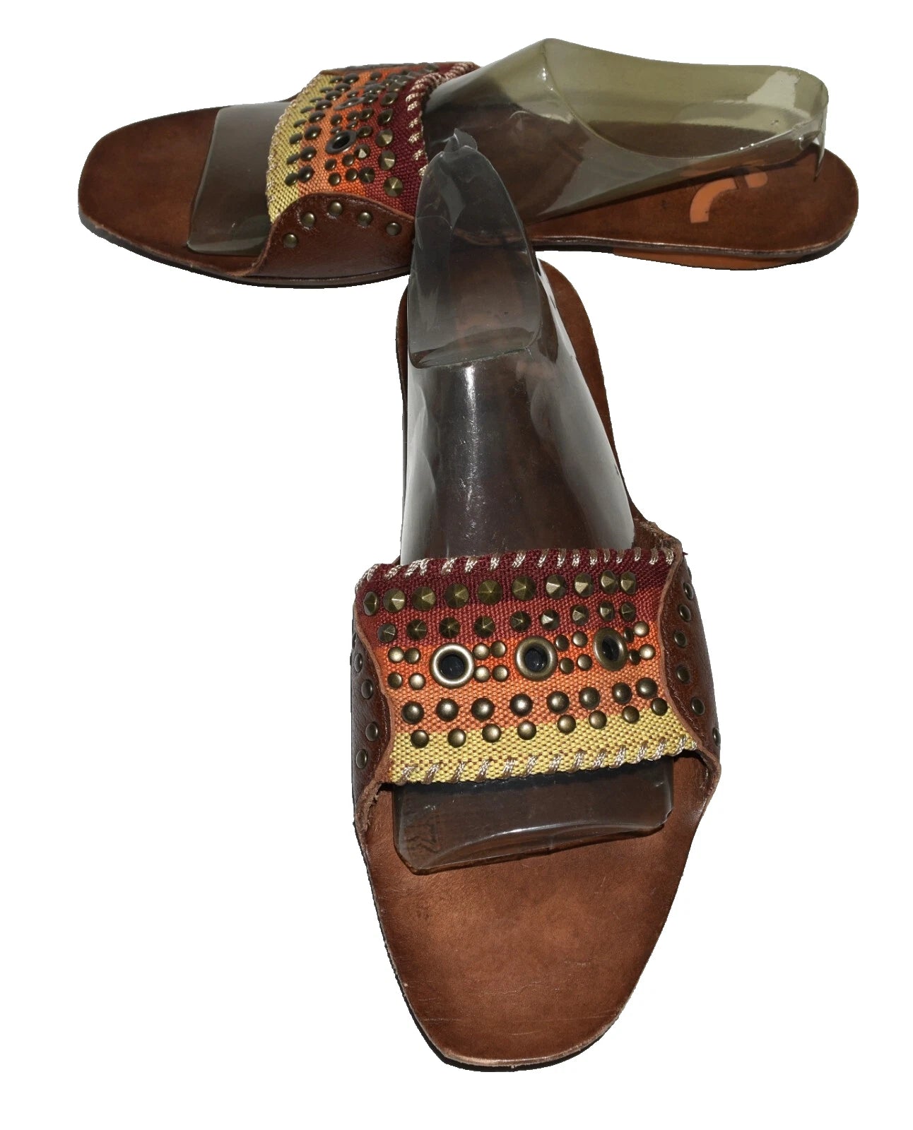 Report Zerav Brown Leather Cone and Flat Studded Womens Slide Sandals Size 9M