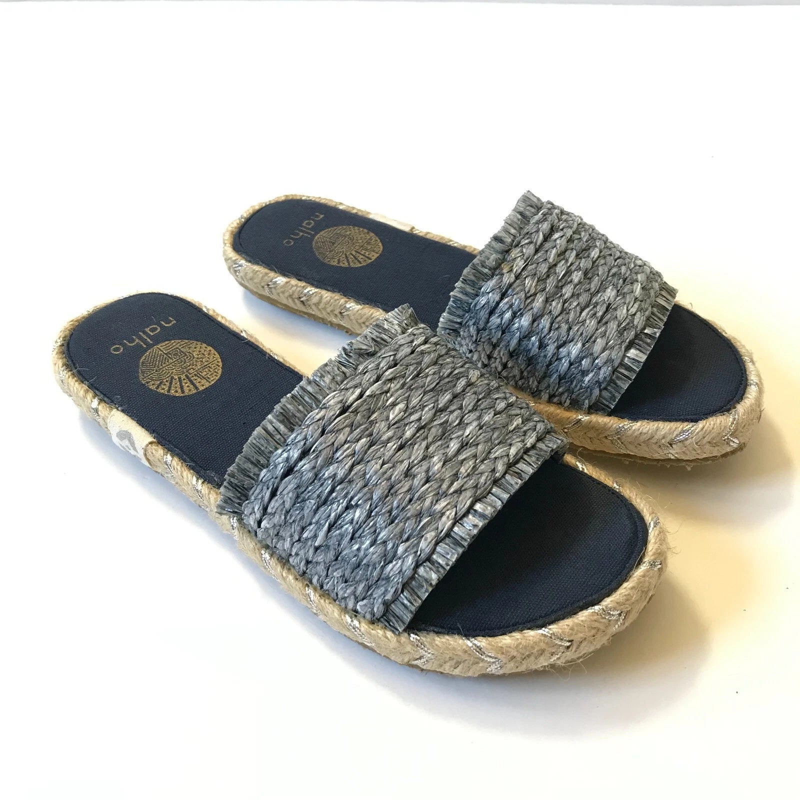 NEW Nalho Meeka Sandals Slides Womens 6 Navy Blue Yoga Mat Espadrilles Raffia