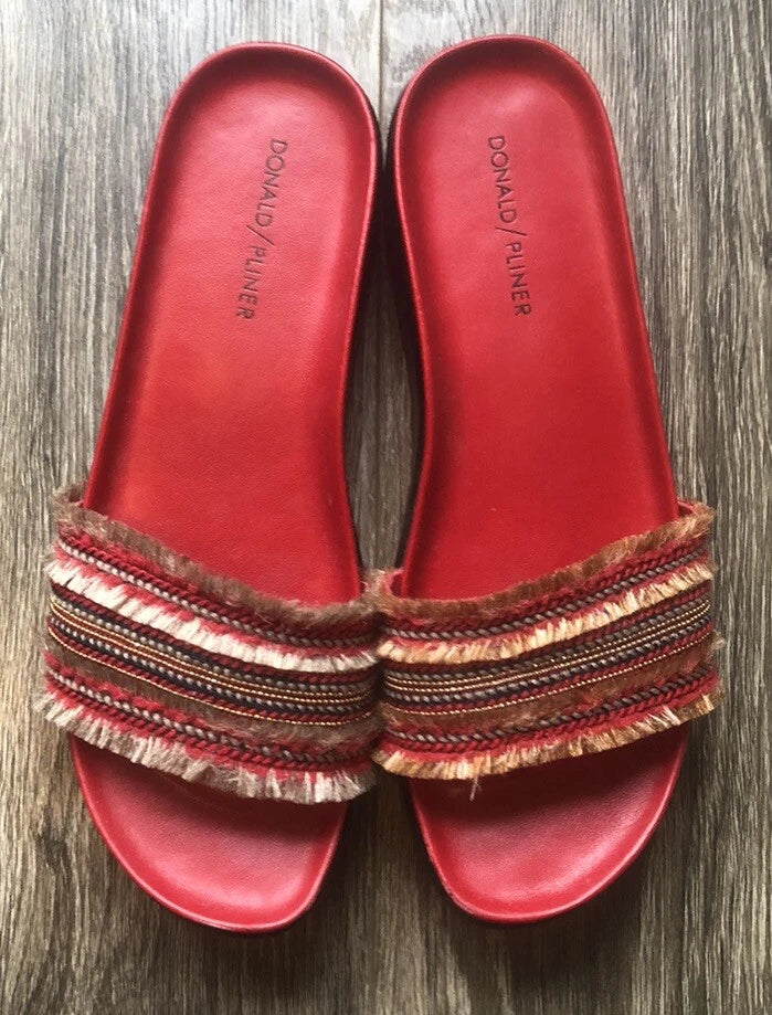Donald Pliner  Fiji Red Leather Fringe Womens Platform Wedge Slide Sandals 10