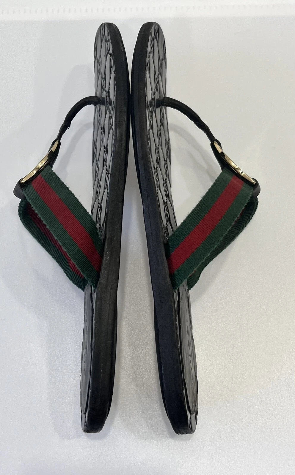 Gucci GG Web Stripe Thong Sandals EU 36 US 6 Black Flat Flip Flop Slide Slipper