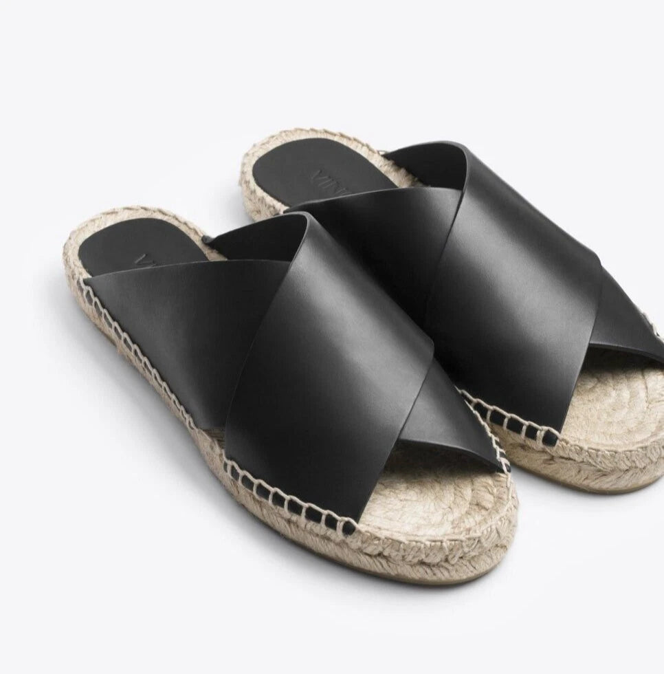 NIB Vince Castel Leather Crisscross Flat Espadrille Slide Sandal Black Sz 5 $225