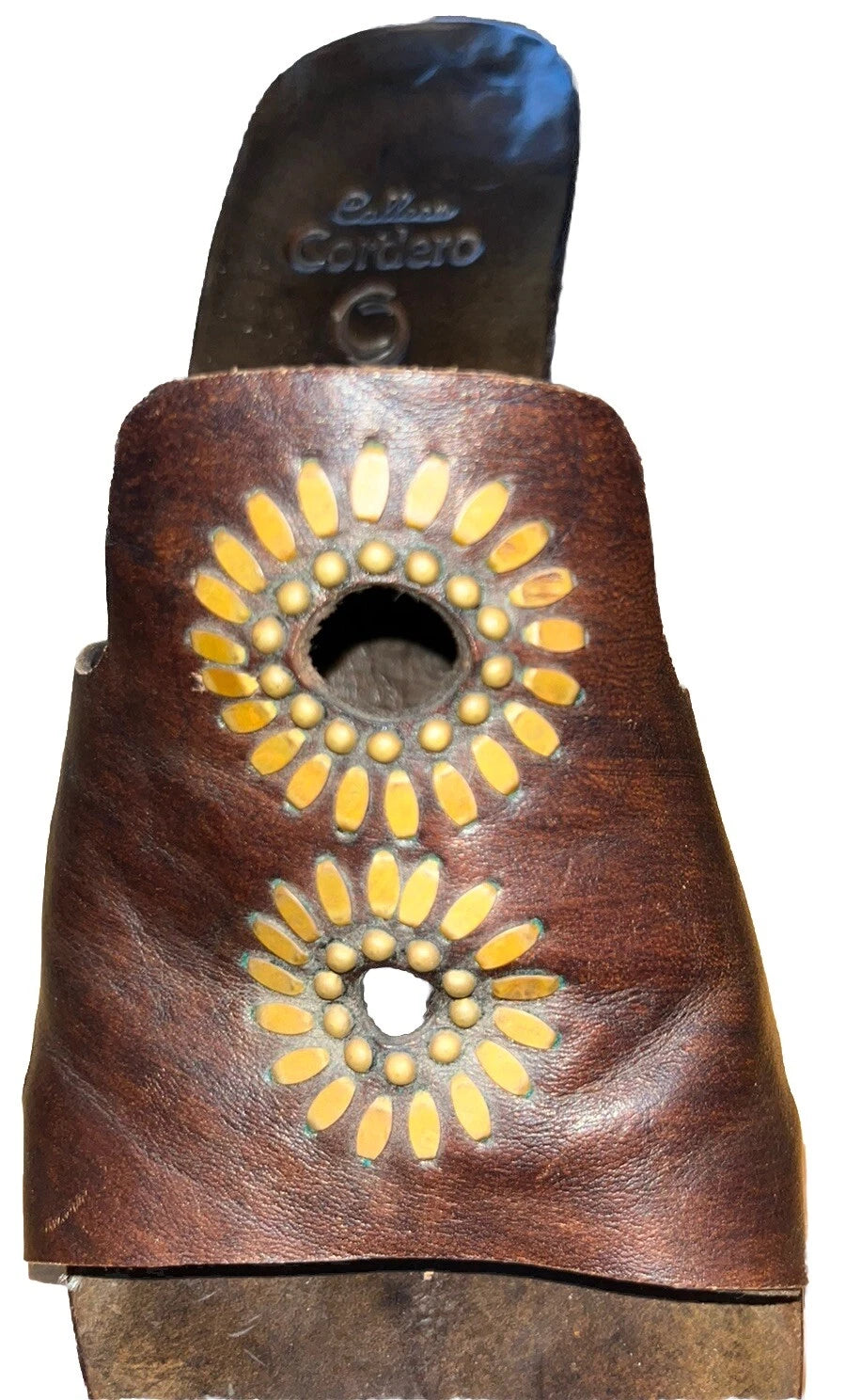 Calleen Cordero studded leather handcarved 3.5” wood wedge platform Sandals Sz 9
