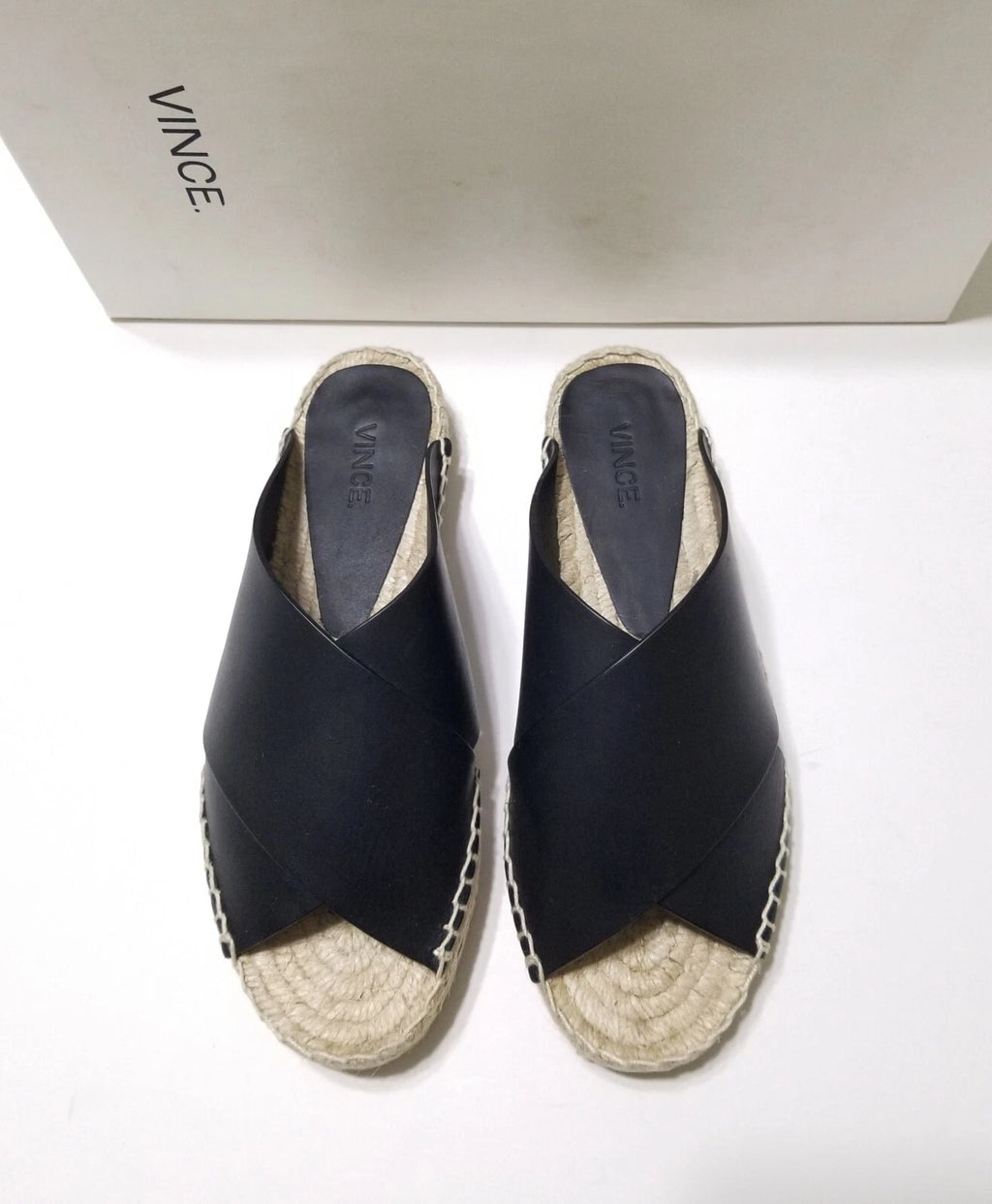 NIB Vince Castel Leather Crisscross Flat Espadrille Slide Sandal Black Sz 5 $225