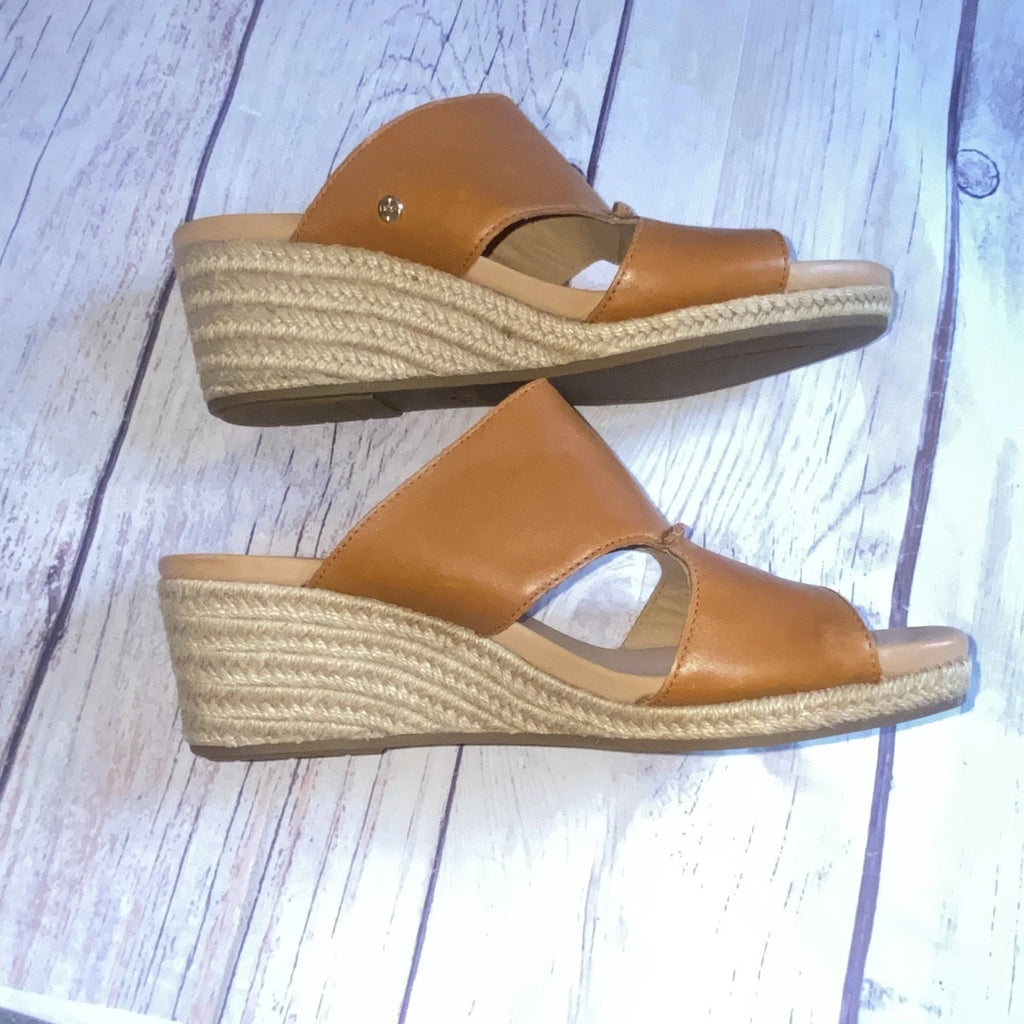UGG Eirene Wedge Espadrille Slide Sandals Tan Brown Leather Womens 10