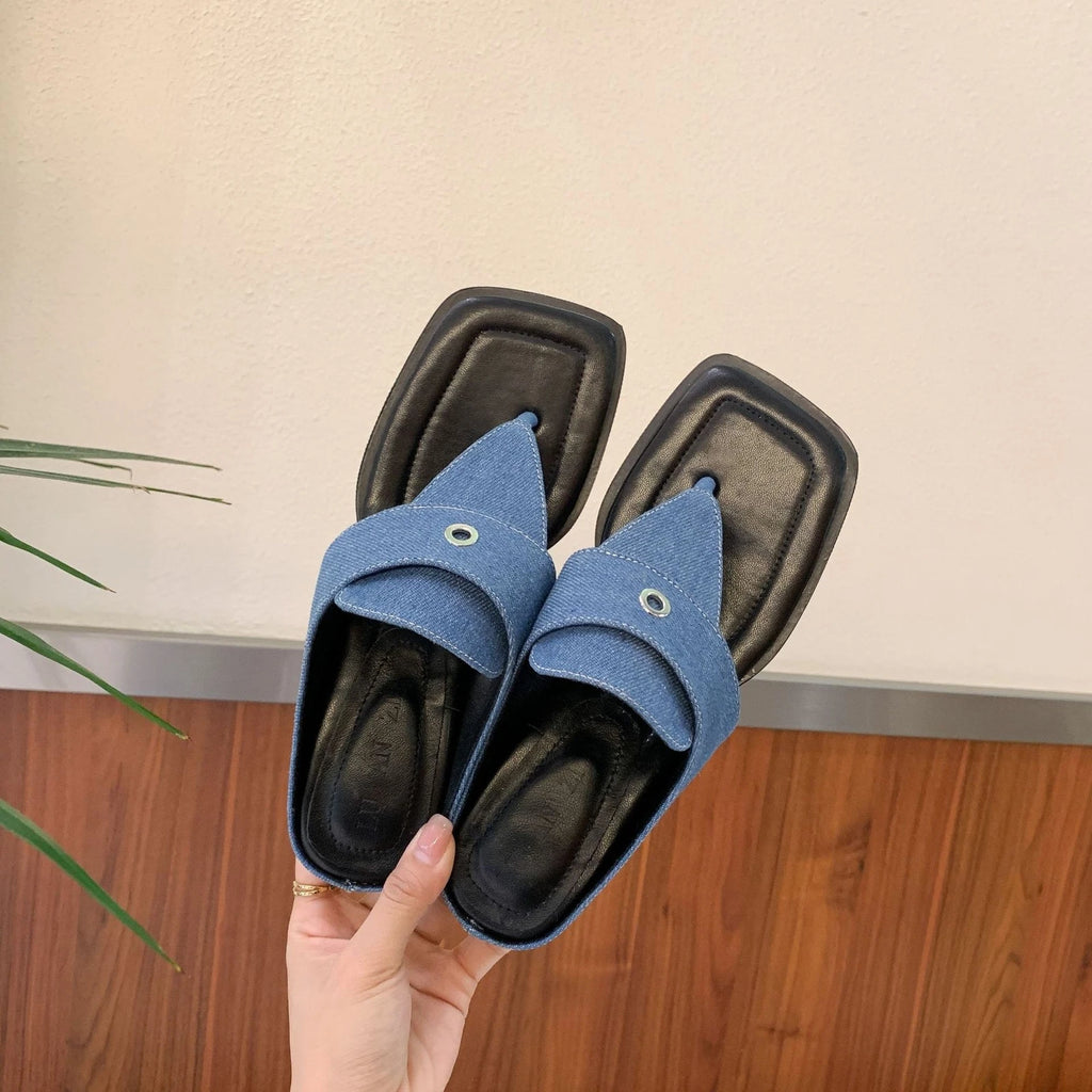 New Womens High Block Heel Slippers Sandals Summer Fashion Square Toe Mules Size