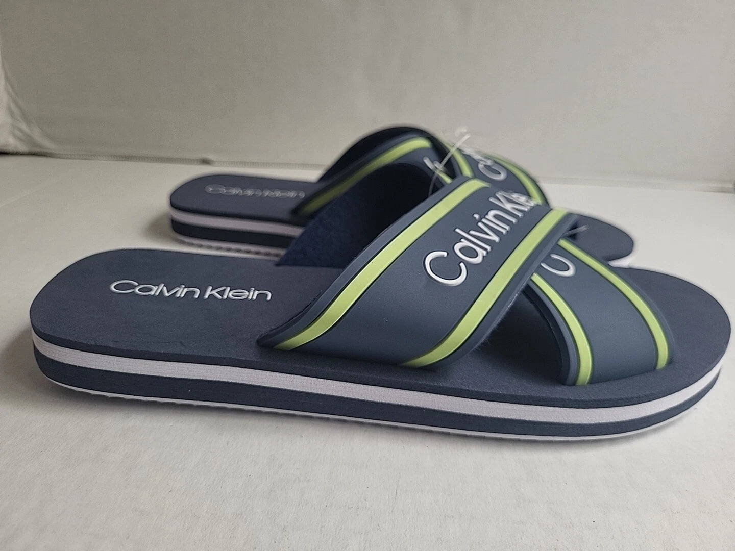 Calvin Klein Claris Crisscross Strap Logo Slide Navy Blue Sandals Size 7M New