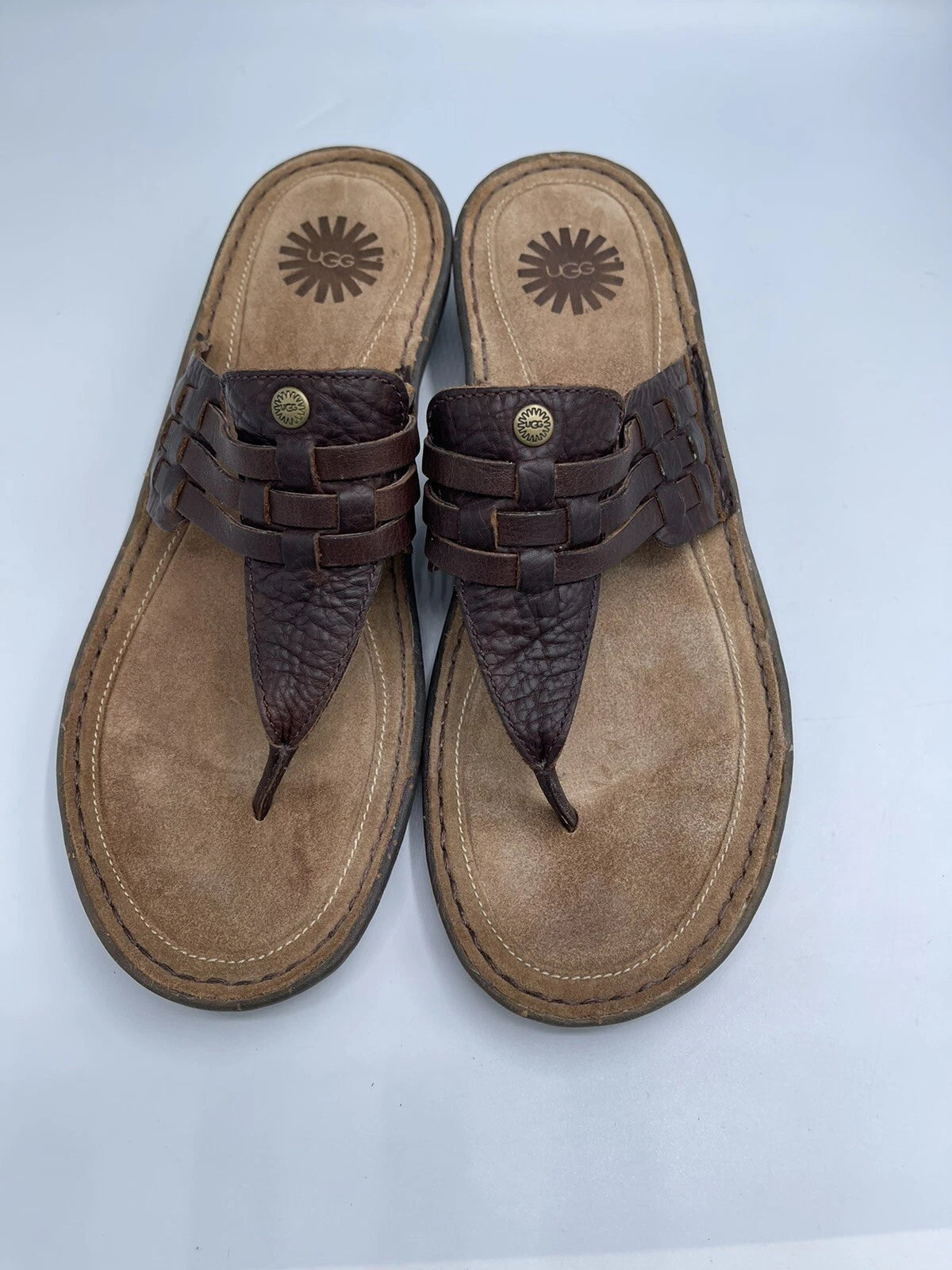 UGG Sandals Women’s Size 10 Woven Brown Leather Slide Style