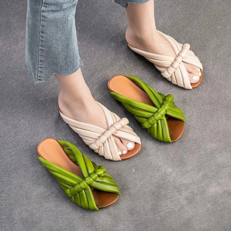 Summer Women Shoes Leather Fashion Low Heel Slippers Peep Toe Outdoor Shoe