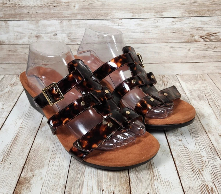 VIONIC Radia Brown Tortoise Shell Women's 10 WIDE Strap Wedge Slide Sandals NWOT